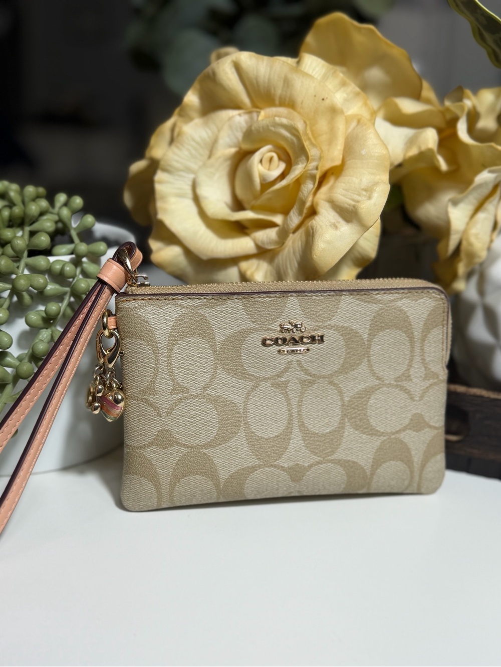 Coach Beige Signature Canvas Wristlet with Leather Strap & 2 Charms